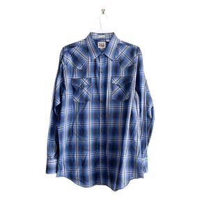 Ely Cattleman Mens Western Snap Up Shirt Long Sleeve Plaid Blue Tall Man XLT